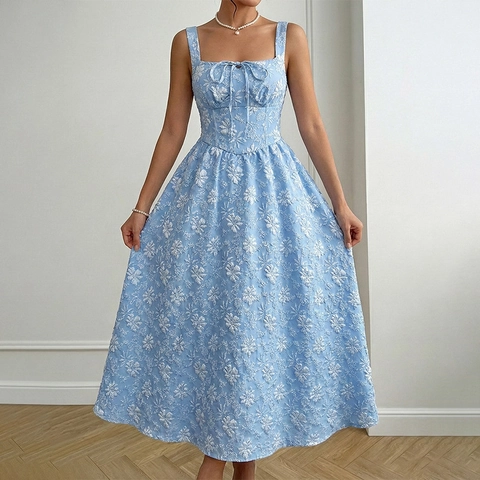 Damen Elegant Blumen Jacquard Midi Kleid Eckiger Ausschnitt Ärmellos Rückenfrei Gesmokter Rücken Bindebogen Sommer Urlaub A-Linie Kleid