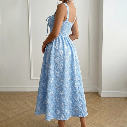 Damen Elegant Blumen Jacquard Midi Kleid Eckiger Ausschnitt Ärmellos Rückenfrei Gesmokter Rücken Bindebogen Sommer Urlaub A-Linie Kleid