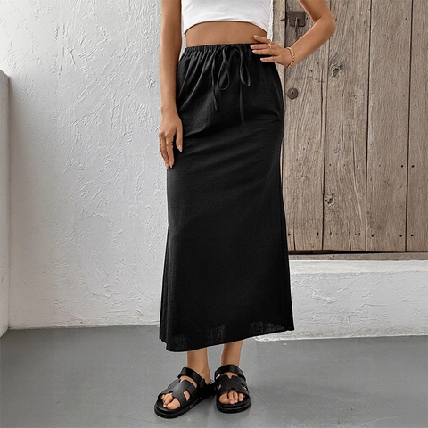 Women's Casual Cotton Solid Color Midi Skirt High Waist Drawstring Elastic Waistband Back Slit Elegant Maxi Skirt Bottoms