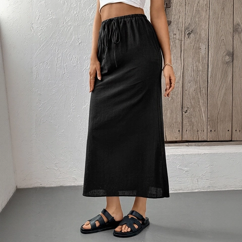 Women's Casual Cotton Solid Color Midi Skirt High Waist Drawstring Elastic Waistband Back Slit Elegant Maxi Skirt Bottoms