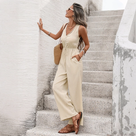 Damen Casual Ärmelloser Jumpsuit V-Ausschnitt Texturiert Weites Bein Kordelzug Taille Urlaub Sommer Lange Hose Romper