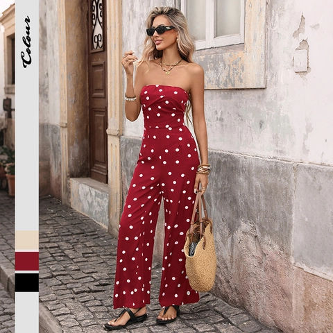 Vintage Polka Dot Strapless Jumpsuit For Women High Waist Wide Leg Tube Top Summer Beach Vacation Long Pant Overalls