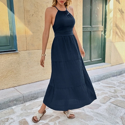 Vestido Largo de Verano para Mujer con Cuello Halter Espalda Descubierta Falda de Capas Sin Mangas Color Sólido Casual