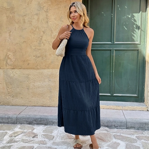 Vestido Largo de Verano para Mujer con Cuello Halter Espalda Descubierta Falda de Capas Sin Mangas Color Sólido Casual
