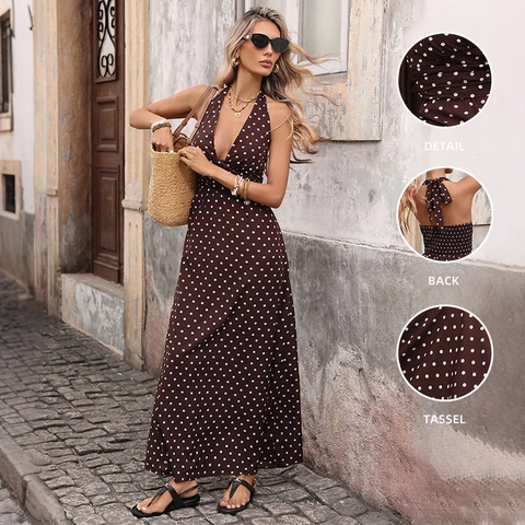 Robe Longue Femme Dos Nu Col en V Profond Imprimé à Pois Sans Manches Été Vacances Style Bohême Ligne A