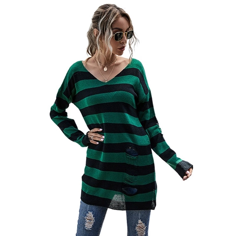 Pull en Tricot Rayé Col en V pour Femme Déchiré Manches Longues Pullover Ample Mi-long Style Streetwear Grunge