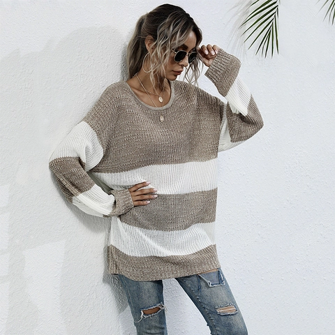 Maglione a Righe Casual da Donna Oversize Girocollo Manica Lunga Color Block Pullover Morbido Autunno Inverno Top