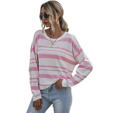Dames Casual Gestreepte Gebreide Trui Losse Pullover Ronde Hals Lange Mouw Roze Wit Gestreepte Gebreide Top Voor De Herfst