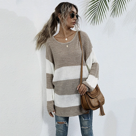 Maglione a Righe Casual da Donna Oversize Girocollo Manica Lunga Color Block Pullover Morbido Autunno Inverno Top