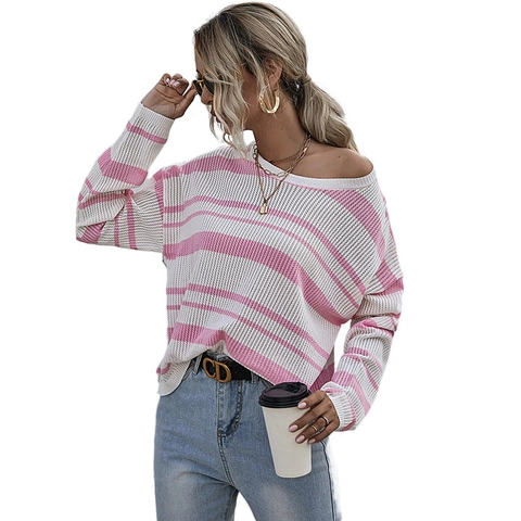 Dames Casual Gestreepte Gebreide Trui Losse Pullover Ronde Hals Lange Mouw Roze Wit Gestreepte Gebreide Top Voor De Herfst