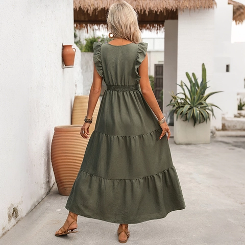 Elegante Vestido Maxi Con Cuello en V Profundo Y Mangas Con Volantes Color Sólido Verde Dobladillo En Capas Con Cinturón
