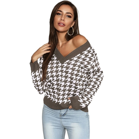 Maglione da Donna Casual Largo con Scollo a V Pied de Poule Manica Lunga in Misto Cotone Morbido Pullover Chic Invernale