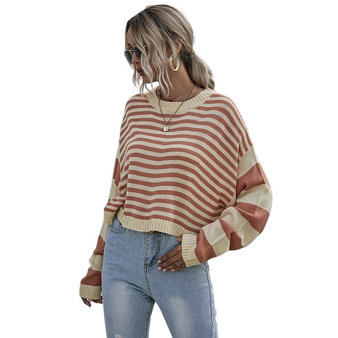 Maglione da Donna in Maglia a Righe Casual Girocollo Manica Lunga Vestibilità Comoda Morbido Autunno Inverno Moda Top