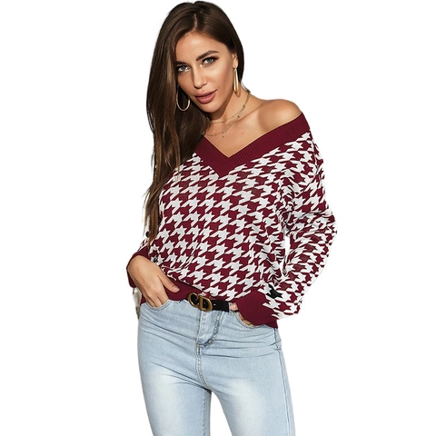 Maglione da Donna Casual Largo con Scollo a V Pied de Poule Manica Lunga in Misto Cotone Morbido Pullover Chic Invernale