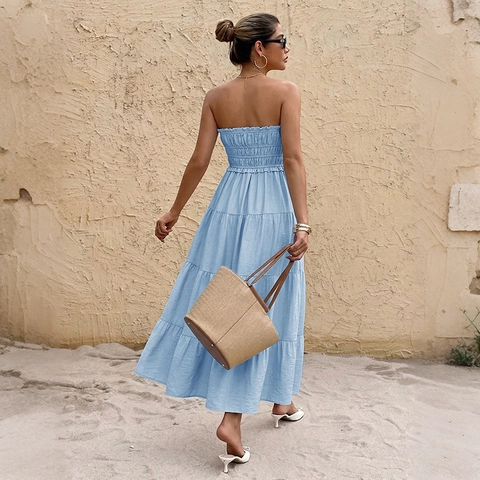 Women Strapless Smocked Maxi Dress Elegant Tiered Ruffle Summer Vacation Solid Color Bandeau Backless Long Sun Dress