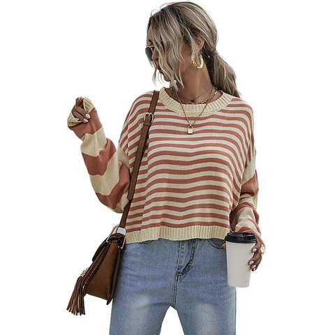 Maglione da Donna in Maglia a Righe Casual Girocollo Manica Lunga Vestibilità Comoda Morbido Autunno Inverno Moda Top