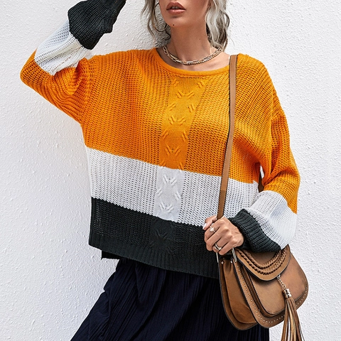 Maglione da Donna Casual Patchwork a Contrasto in Maglia Girocollo Manica Lunga Vestibilità Larga Autunno Inverno Caldo Pullover