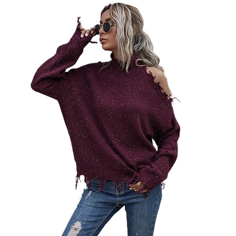Women's Distressed Cold Shoulder Confetti Knit Sweater High Neck Long Sleeve Frayed Edge Pullover Loose Casual Autumn Winter Top