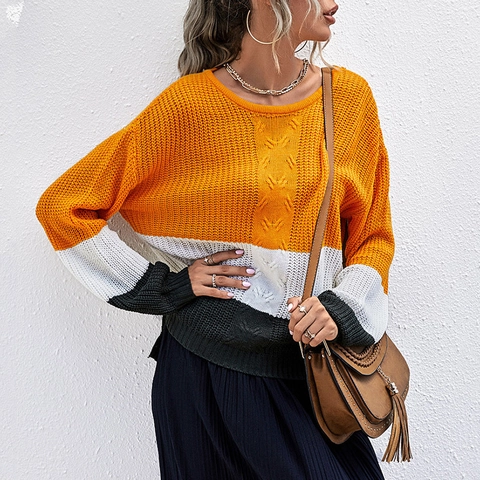Maglione da Donna Casual Patchwork a Contrasto in Maglia Girocollo Manica Lunga Vestibilità Larga Autunno Inverno Caldo Pullover