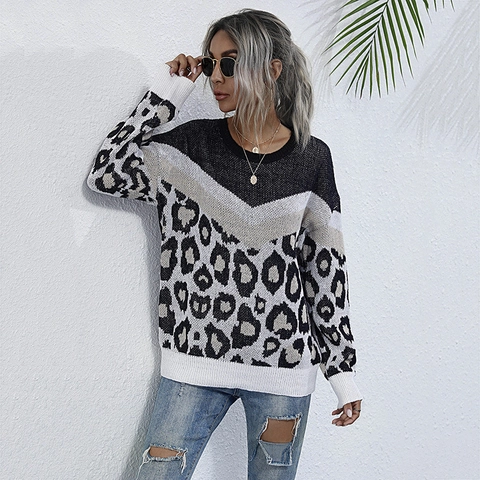 Women Casual Color Block Leopard Print Knit Sweater Round Neck Long Sleeve Patchwork Pullover Loose Fashion Jumper Top