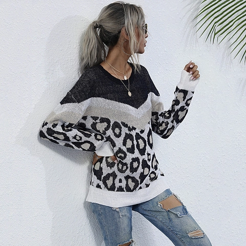 Women Casual Color Block Leopard Print Knit Sweater Round Neck Long Sleeve Patchwork Pullover Loose Fashion Jumper Top