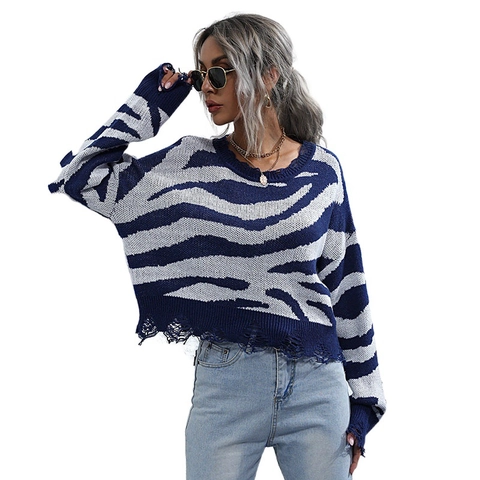 Dames Zebraprint Gescheurd Verweerde Trui Katoenmix Ronde Hals Lange Mouw Gebreide Streetwear Top