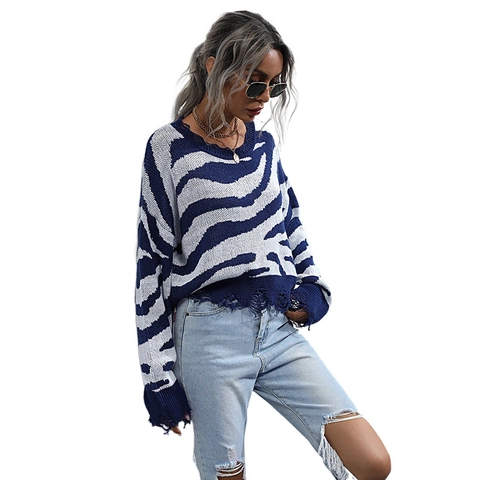 Dames Zebraprint Gescheurd Verweerde Trui Katoenmix Ronde Hals Lange Mouw Gebreide Streetwear Top