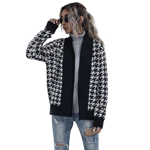 Women's V-Neck Houndstooth Knit Cardigan With Belt Long Sleeve Slim Fit Autumn Winter Sweater Jacket Casual Top