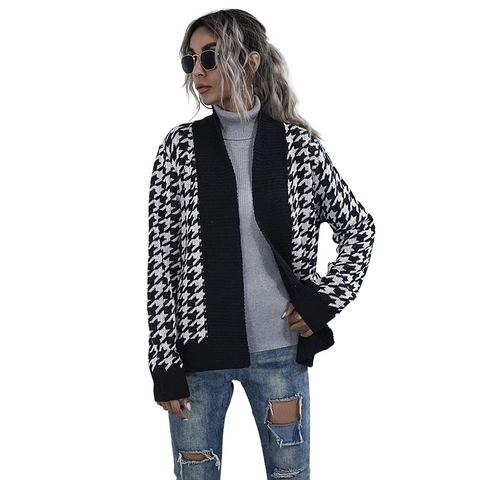 Women's V-Neck Houndstooth Knit Cardigan With Belt Long Sleeve Slim Fit Autumn Winter Sweater Jacket Casual Top
