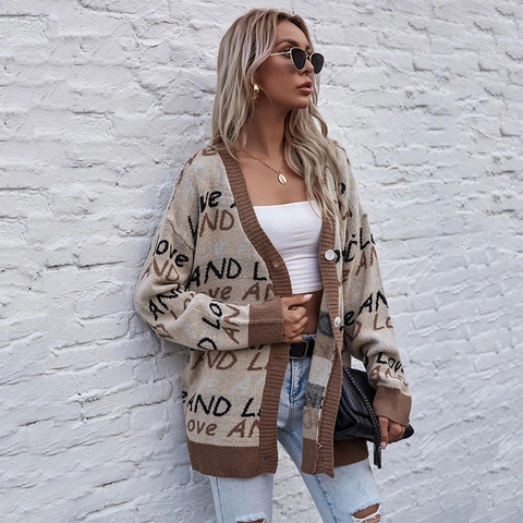 Women V Neck Knit Cardigan Loose Letter Pattern Button Down Long Sleeve Sweater Casual Beige Khaki Streetwear Top