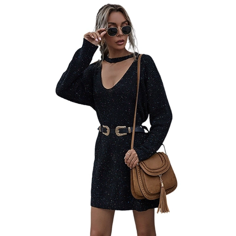 Vestito a Maglia da Donna Scollo a V Con Choker Manica Lunga Tinta Unita Picchiettato Colorato Vestito Pullover Casual