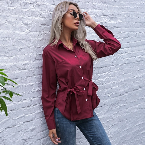 Dames Elegante Effen Kleur Lange Mouw Blouse Slim Fit Revers Overhemd Met Strikceintuur Single Breasted Casual Office Top