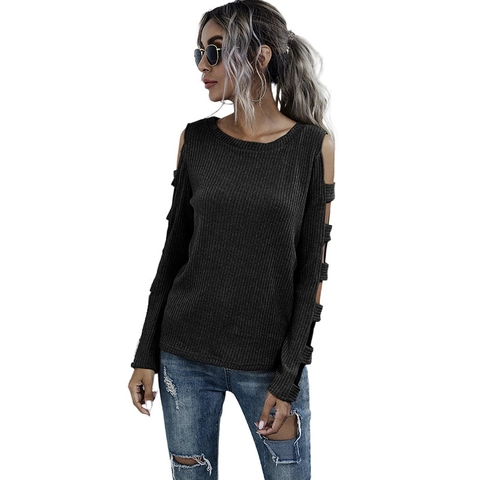 Suéter de Punto Acanalado para Mujer Casual con Hombros Descubiertos y Mangas Caladas Cuello Redondo Ajustado de Mezcla Algodón