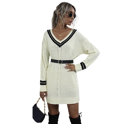 Women's V-Neck Cable Knit Sweater Dress Contrast Stripe Cotton Polyester Long Sleeve Oversized Pullover Mini Knitwear