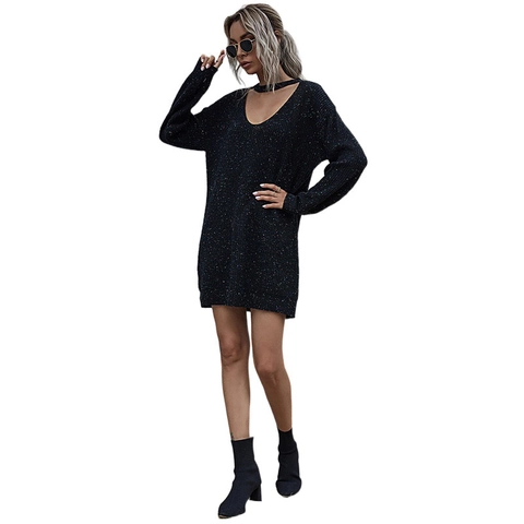Vestito a Maglia da Donna Scollo a V Con Choker Manica Lunga Tinta Unita Picchiettato Colorato Vestito Pullover Casual