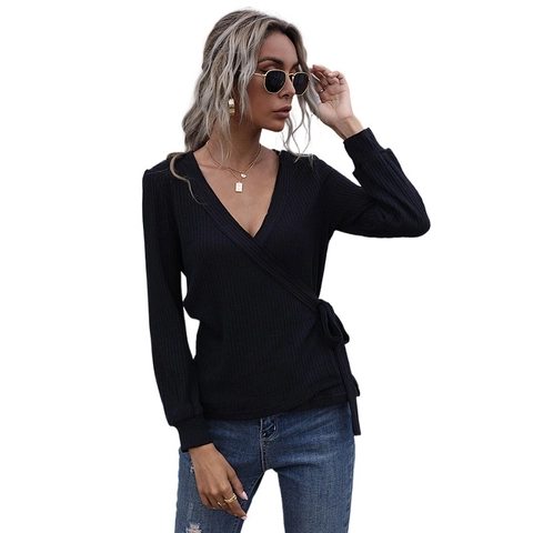 Top de Mujer con Cuello en V y Manga Larga Estilo Envolvente de Canalé Ajustado de Punto Mezcla de Algodón con Lazada Lateral Casual