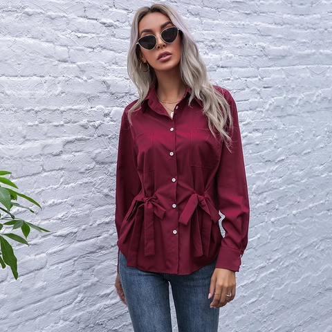 Dames Elegante Effen Kleur Lange Mouw Blouse Slim Fit Revers Overhemd Met Strikceintuur Single Breasted Casual Office Top