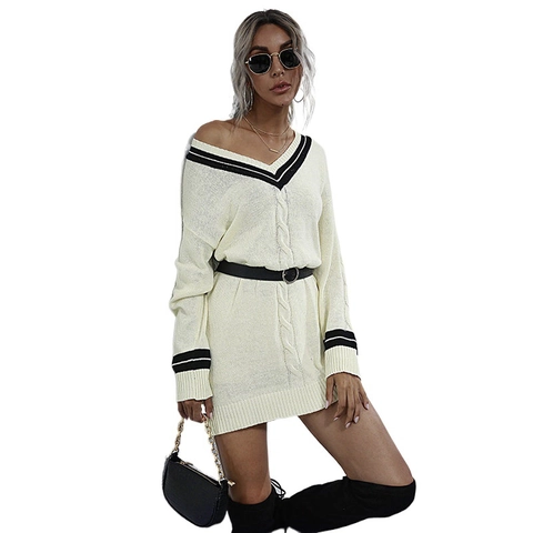 Women's V-Neck Cable Knit Sweater Dress Contrast Stripe Cotton Polyester Long Sleeve Oversized Pullover Mini Knitwear
