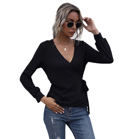 Top de Mujer con Cuello en V y Manga Larga Estilo Envolvente de Canalé Ajustado de Punto Mezcla de Algodón con Lazada Lateral Casual