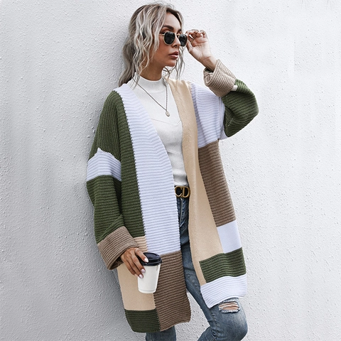 Women Casual Patchwork Color Block Knitted Cardigan Long Sleeve Open Front Oversized Mid Length Sweater Coat Outerwear