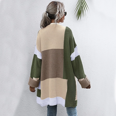 Women Casual Patchwork Color Block Knitted Cardigan Long Sleeve Open Front Oversized Mid Length Sweater Coat Outerwear