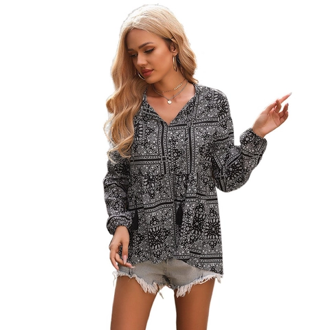 Dames Bohemian Paisley Chiffon Blouse V-hals Kwasten Strikband Lange Mouw Pullover Vintage Casual Top