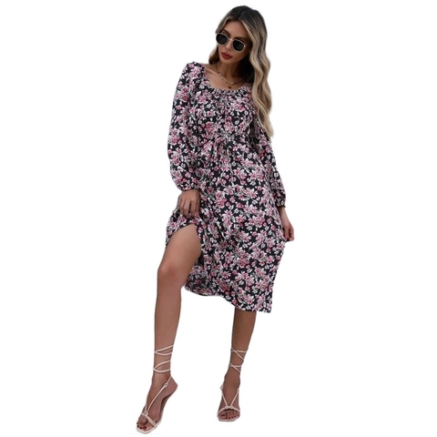 Damen Blumenmuster Eckiger Ausschnitt Langarm Midi Kleid Elegant Hohe Taille Schnürung Laternenärmel A-Linie Kleid