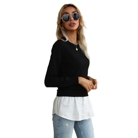 Women's Fashion Fake Two Piece Sweater Round Neck Long Sleeve Contrast Color Patchwork Shirt Hem Knit Pullover Top