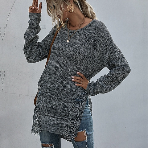 Suéter de Punto Informal para Mujer Mezcla de Algodón Desgastado Largo Medio Oversize Cuello Redondo Manga Larga