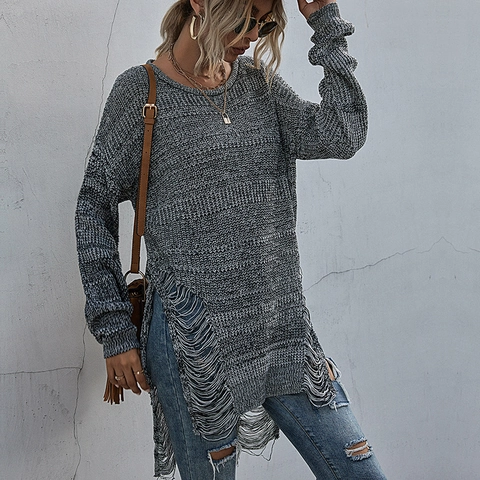 Suéter de Punto Informal para Mujer Mezcla de Algodón Desgastado Largo Medio Oversize Cuello Redondo Manga Larga