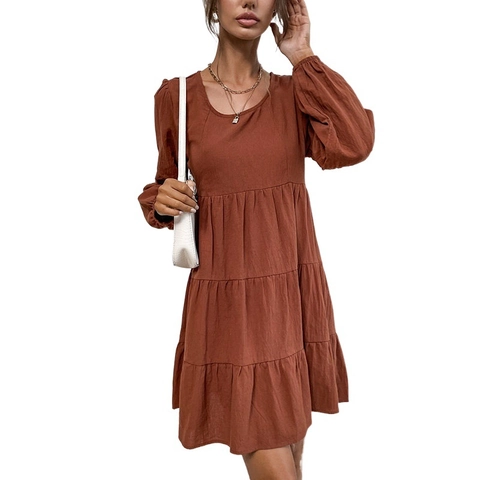 Women Casual Round Neck Long Sleeve Tiered Mini Dress Cotton Polyester Blend Solid Color Autumn Ruffle Flowy Layered Dress