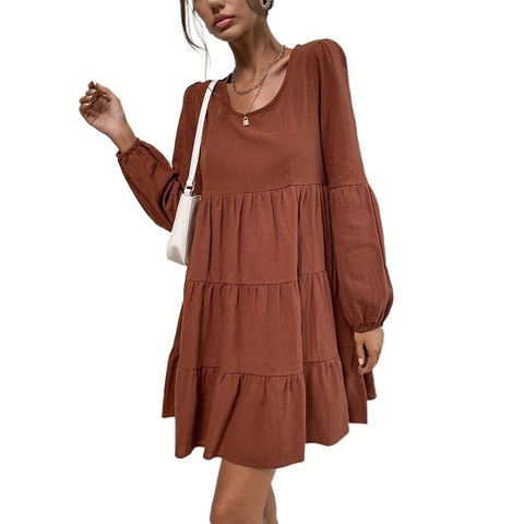Women Casual Round Neck Long Sleeve Tiered Mini Dress Cotton Polyester Blend Solid Color Autumn Ruffle Flowy Layered Dress