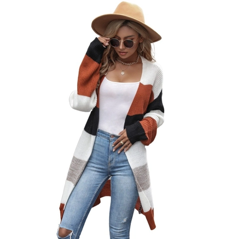 Gilet en Maille à Rayures Color Block pour Femmes Coupe Ample Manches Longues Col en V Ouvert Devant Pull Long