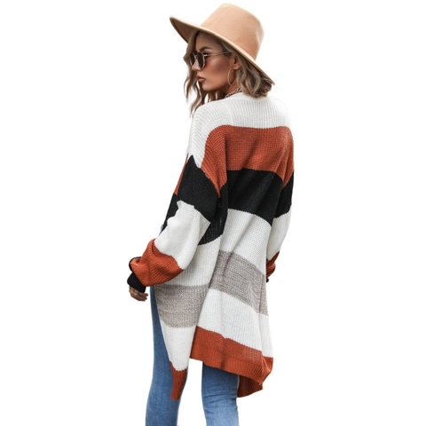 Gilet en Maille à Rayures Color Block pour Femmes Coupe Ample Manches Longues Col en V Ouvert Devant Pull Long